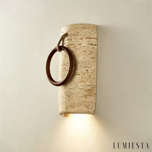 Auretryn - Kinkiet trawertynowy, żółty trawertyn i drewno, do salonu Ø12x22 cm