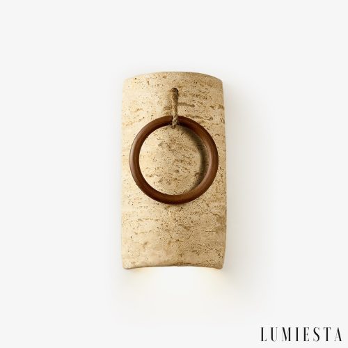 Auretryn - Kinkiet trawertynowy, żółty trawertyn i drewno, do salonu Ø12x22 cm