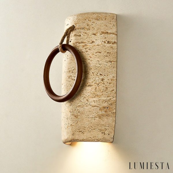 Auretryn - Kinkiet trawertynowy, żółty trawertyn i drewno, do salonu Ø12x22 cm