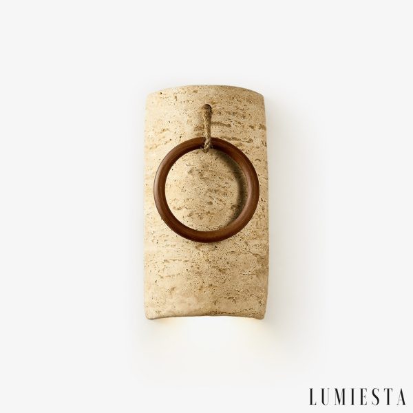 Auretryn - Kinkiet trawertynowy, żółty trawertyn i drewno, do salonu Ø12x22 cm