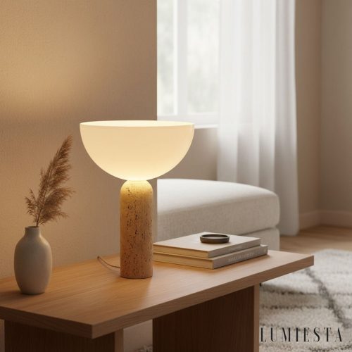 Aureveta - lampa stołowa z żółtego trawertynu i szkła, widok z boku