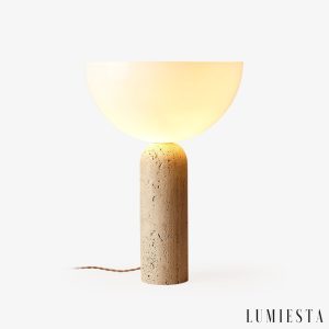 Lampa stołowa trawertynowa żółto-biała Aureveta do salonu i sypialni, widok z przodu