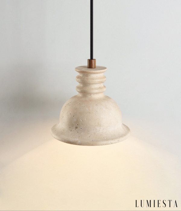 Aurevyn 134 - Lampa wisząca żółty trawertyn, drewniano-metalowa nad stół, Ø18×H15 cm