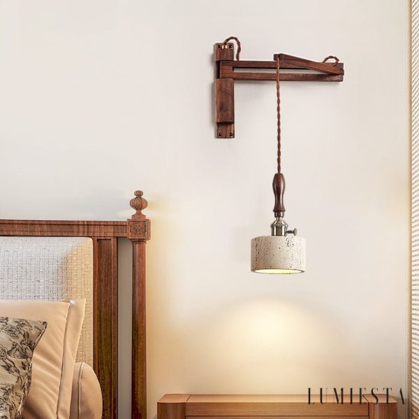 Aurevyn - Kinkiet trawertynowo-metalowy, żółty/ciemny orzech do salonu, Ø12x22cm