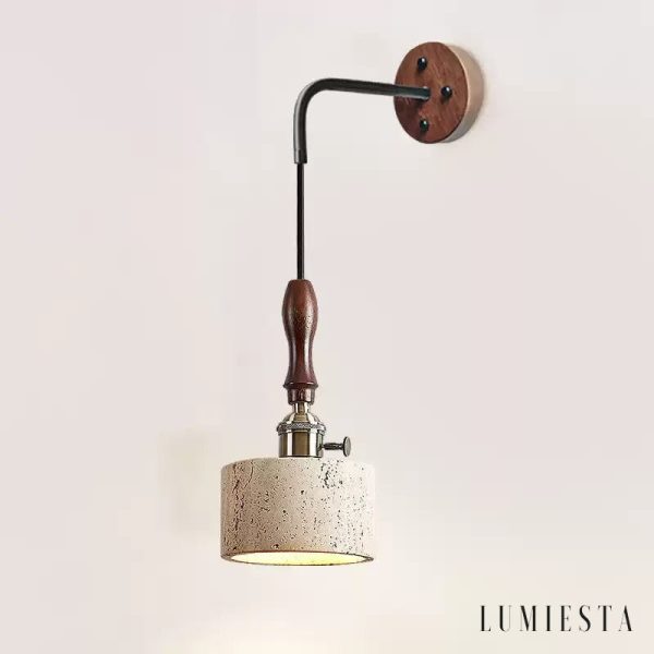 Aurevyn - Kinkiet trawertynowo-metalowy, żółty/ciemny orzech do salonu, Ø12x22cm