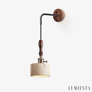 Aurevyn - Kinkiet trawertynowo-metalowy, żółty/ciemny orzech do salonu, Ø12x22cm