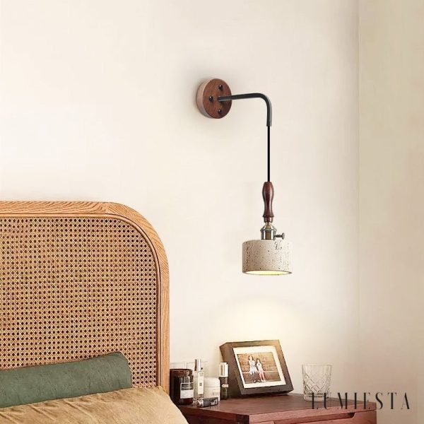 Aurevyn - Kinkiet trawertynowo-metalowy, żółty/ciemny orzech do salonu, Ø12x22cm