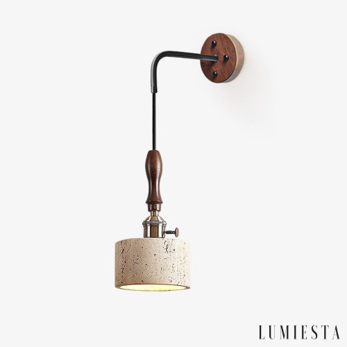 Aurevyn - Kinkiet trawertynowo-metalowy, żółty/ciemny orzech do salonu, Ø12x22cm