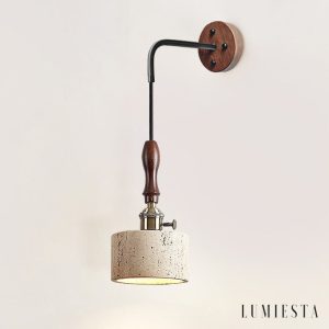 Aurevyn - Kinkiet trawertynowo-metalowy, żółty/ciemny orzech do salonu, Ø12x22cm