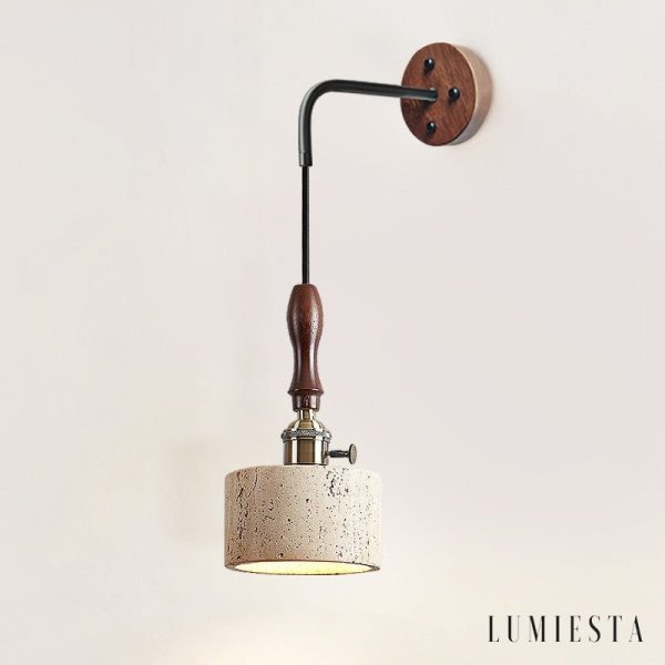 Aurevyn - Kinkiet trawertynowo-metalowy, żółty/ciemny orzech do salonu, Ø12x22cm