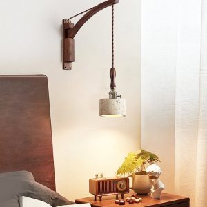 Aurevyn - Kinkiet trawertynowo-metalowy, żółty/ciemny orzech do salonu, Ø12x22cm