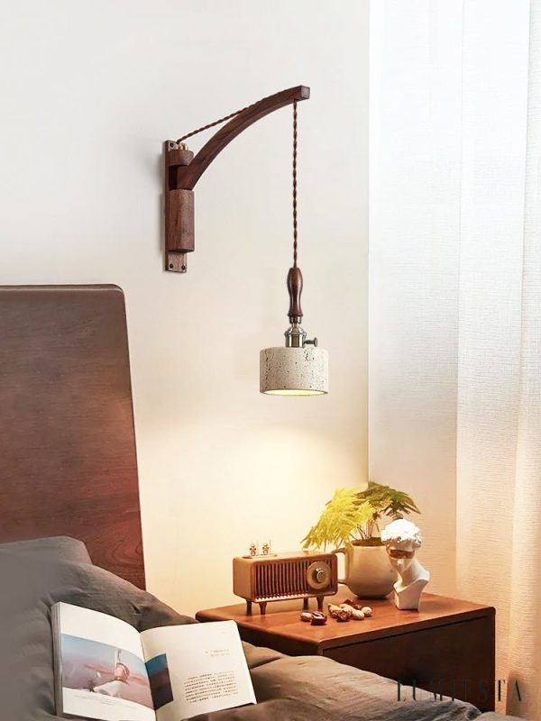 Aurevyn - Kinkiet trawertynowo-metalowy, żółty/ciemny orzech do salonu, Ø12x22cm