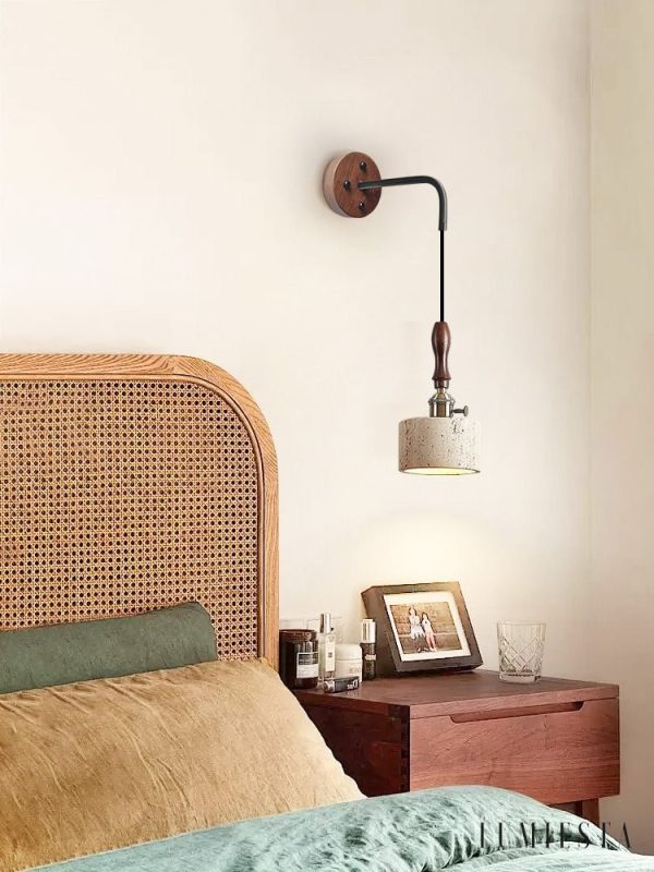 Aurevyn - Kinkiet trawertynowo-metalowy, żółty/ciemny orzech do salonu, Ø12x22cm