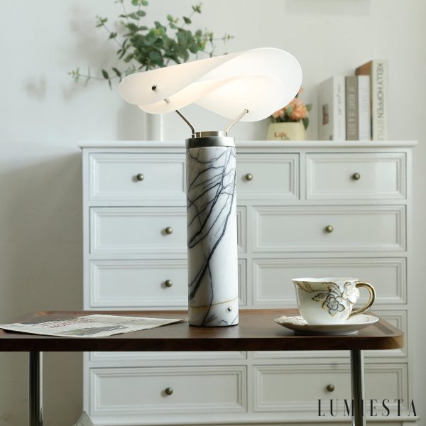 Bogotara - Lampa stołowa nowoczesna, marmur/skóra, biała do salonu, Ø30 x 40/43 cm