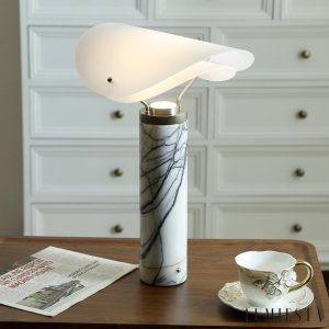 Bogotara - Lampa stołowa nowoczesna, marmur/skóra, biała do salonu, Ø30 x 40/43 cm