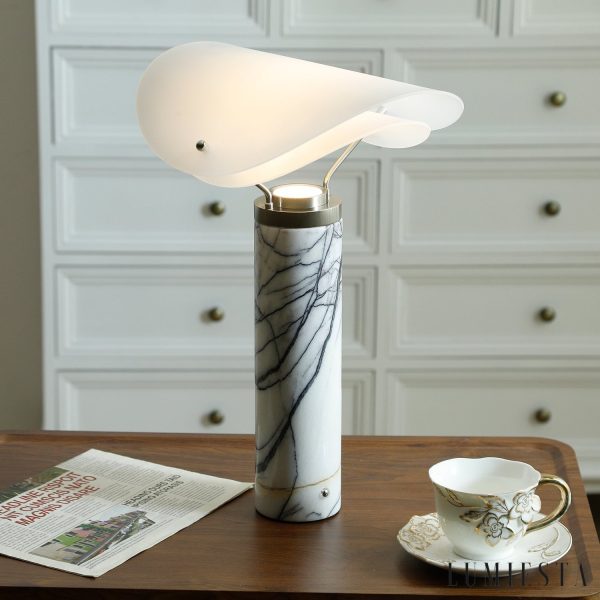 Bogotara - Lampa stołowa nowoczesna, marmur/skóra, biała do salonu, Ø30 x 40/43 cm