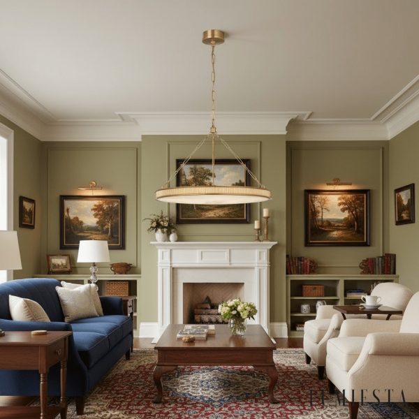 Britannix - Lampa wisząca mosiężna z alabastrem, do salonu i jadalni, Ø62 x 50 cm