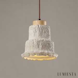 Calcisole - Lampa wisząca trawertynowo-drewniana, żółta, do salonu, Ø17 x H19 cm