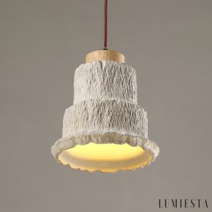 Calcisole - Lampa wisząca trawertynowo-drewniana, żółta, do salonu, Ø17 x H19 cm