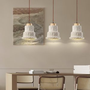 Calcisole - Lampa wisząca trawertynowo-drewniana, żółta, do salonu, Ø17 x H19 cm