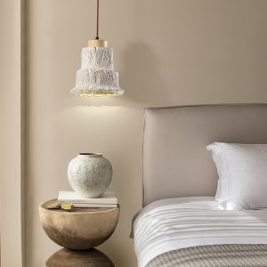 Calcisole - Lampa wisząca trawertynowo-drewniana, żółta, do salonu, Ø17 x H19 cm
