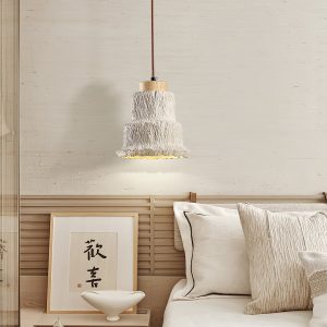 Calcisole - Lampa wisząca trawertynowo-drewniana, żółta, do salonu, Ø17 x H19 cm