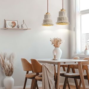 Calcisole - Lampa wisząca trawertynowo-drewniana, żółta, do salonu, Ø17 x H19 cm