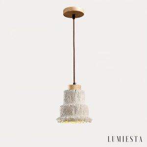 Calcisole - Lampa wisząca trawertynowo-drewniana, żółta, do salonu, Ø17 x H19 cm