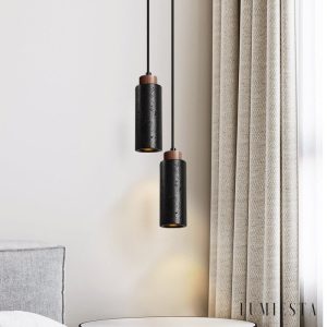 Caldara - Lampa wisząca trawertynowa, czarny i orzech, nad wyspę, Ø6x19 cm