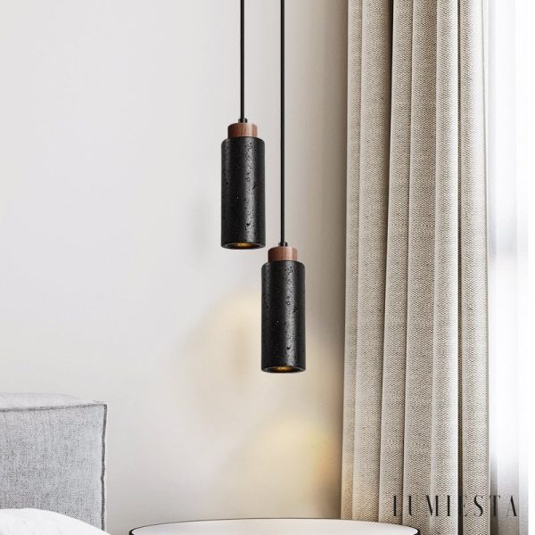 Caldara - Lampa wisząca trawertynowa, czarny i orzech, nad wyspę, Ø6x19 cm