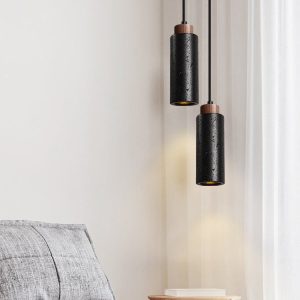 Caldara - Lampa wisząca trawertynowa, czarny i orzech, nad wyspę, Ø6x19 cm