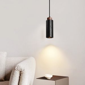 Caldara - Lampa wisząca trawertynowa, czarny i orzech, nad wyspę, Ø6x19 cm