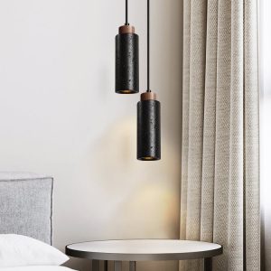 Caldara - Lampa wisząca trawertynowa, czarny i orzech, nad wyspę, Ø6x19 cm