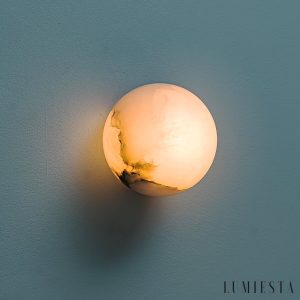 Calderis - Kinkiet alabastrowy, biało-złoty, do sypialni i korytarza, Ø12/15 cm