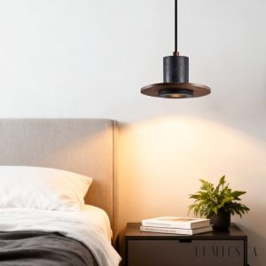 Cannesia - Lampa wisząca nowoczesna, czarny trawertyn i orzech do salonu, Ø20 cm