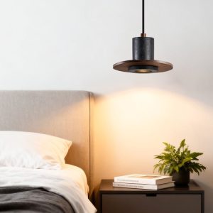 Cannesia - Lampa wisząca nowoczesna, czarny trawertyn i orzech do salonu, Ø20 cm