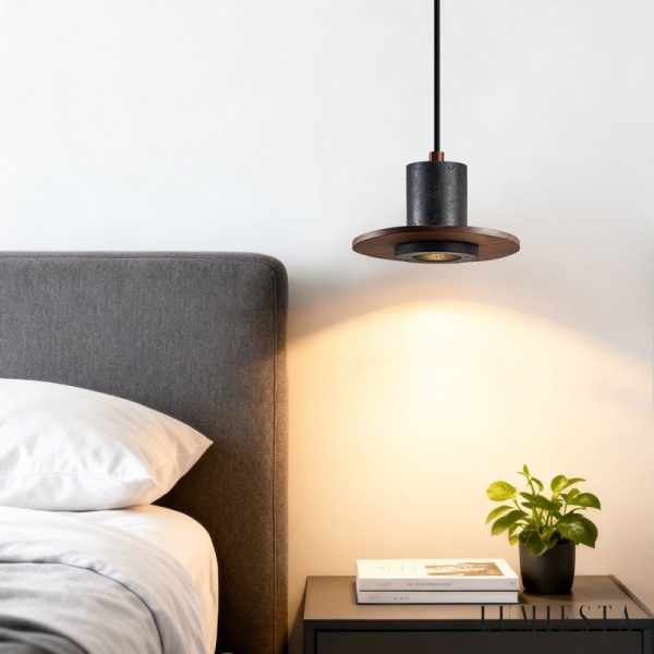 Cannesia - Lampa wisząca nowoczesna, czarny trawertyn i orzech do salonu, Ø20 cm