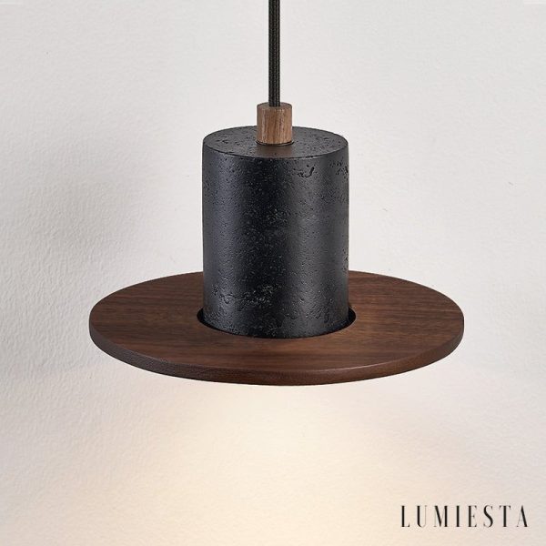 Cannesia - Lampa wisząca nowoczesna, czarny trawertyn i orzech do salonu, Ø20 cm