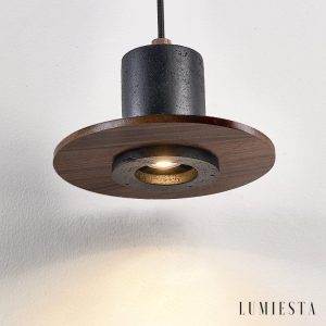 Cannesia - Lampa wisząca nowoczesna, czarny trawertyn i orzech do salonu, Ø20 cm