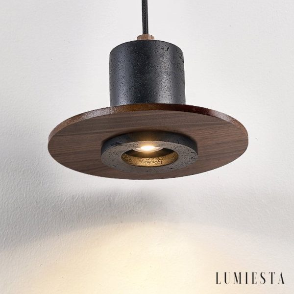 Cannesia - Lampa wisząca nowoczesna, czarny trawertyn i orzech do salonu, Ø20 cm
