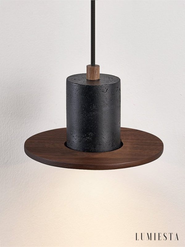 Cannesia - Lampa wisząca nowoczesna, czarny trawertyn i orzech do salonu, Ø20 cm