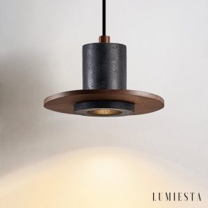 Cannesia - Lampa wisząca nowoczesna, czarny trawertyn i orzech do salonu, Ø20 cm