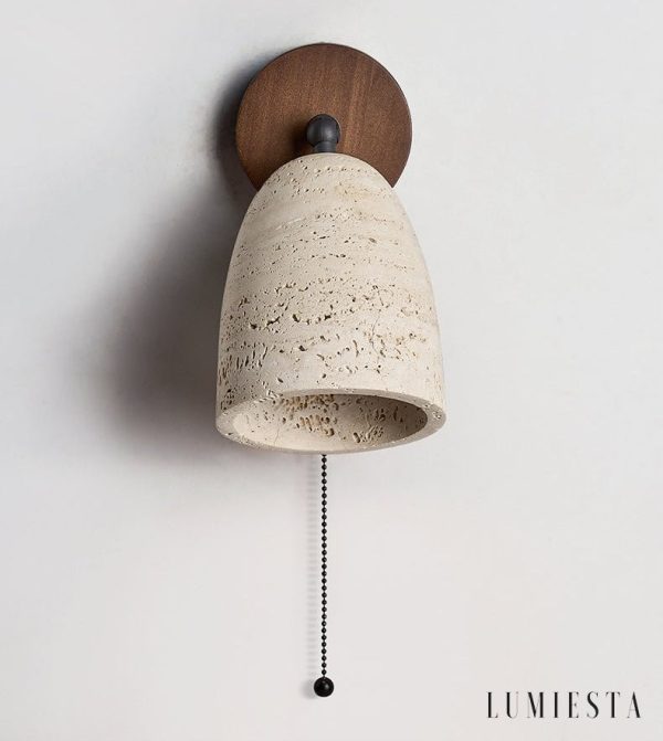 Capitolia - Lampa stołowa trawertynowa z orzechową podstawą do salonu, Ø12×15 cm