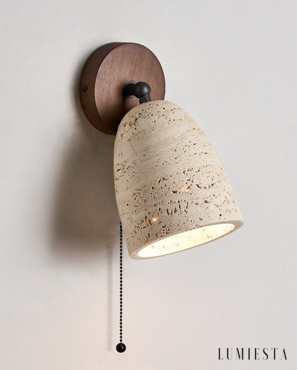 Capitolia - Lampa stołowa trawertynowa z orzechową podstawą do salonu, Ø12×15 cm