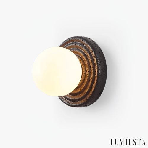 Cartagenae - Lampa sufitowa trawertynowa czarna z białym szkłem do salonu, Ø18 cm