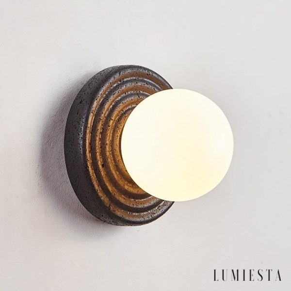 Cartagenae - Lampa sufitowa trawertynowa czarna z białym szkłem do salonu, Ø18 cm