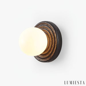 Cartagenae - Black travertine ceiling lamp with white glass for living room, Ø18 cm