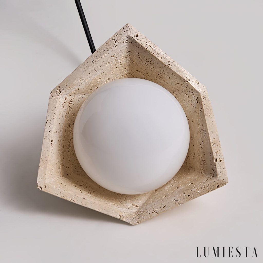 Coimbris - trawertynowa lampa wisząca, detal zawieszenia i klosza