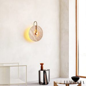 Cordovia - Lampa wisząca travertynowa, złota do salonu i jadalni, Ø25 x 32 cm