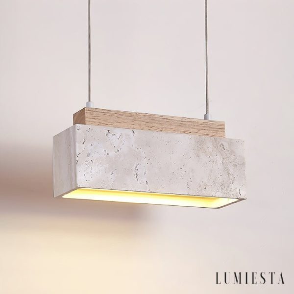 Crestava - Lampa wisząca trawertynowa, żółta z drewnem do jadalni, 23x7x10 cm